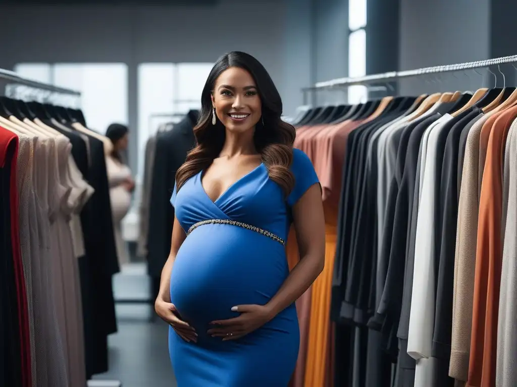 Embarazadas felices probando moda maternal en tienda online inclusiva Un grupo diverso de mujeres embarazadas sonriendo y probándose ropa maternal elegante en una boutique online moderna