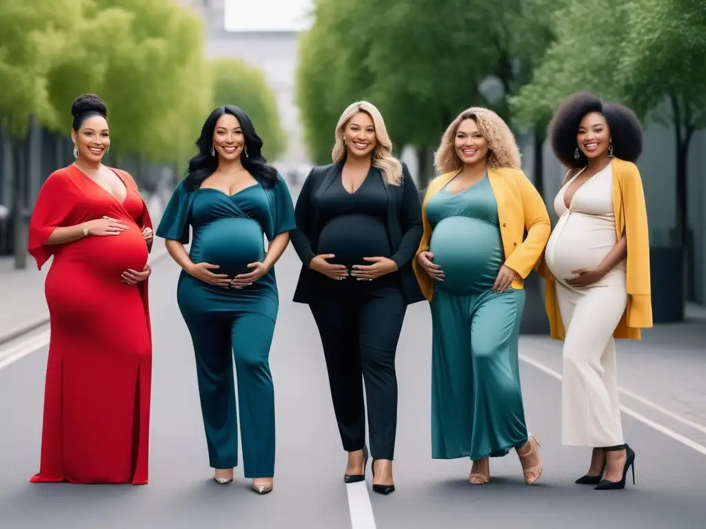 Embarazadas seguras y a la moda en la ciudad Un grupo diverso de mujeres embarazadas de distintos tamaños y etnias, vistiendo moda maternal para tallas especiales en una ciudad moderna
