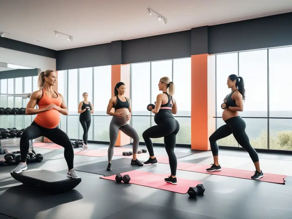 Madres en forma: Ejercicio en comunidad para embarazadas y recién paridas Un grupo diverso de mujeres embarazadas y postparto ejercitándose juntas en un gimnasio luminoso y espacioso, transmitiendo comunidad y empoderamiento