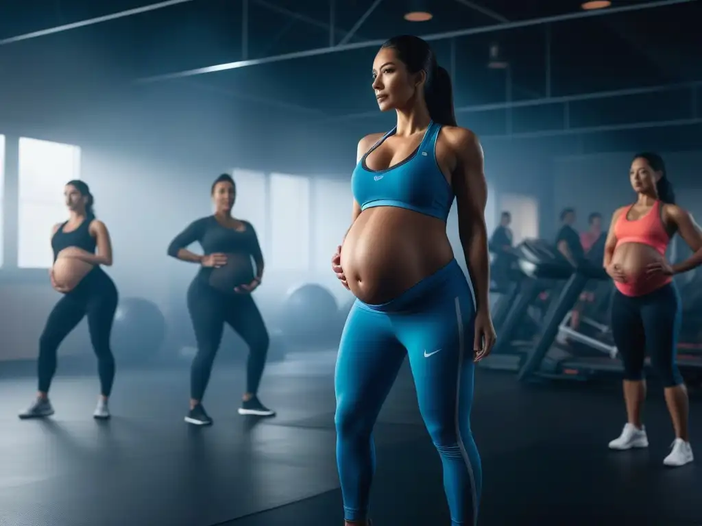 Clase de fitness prenatal: diversidad y empoderamiento Un grupo diverso de mujeres embarazadas se ejercita juntas en un moderno y especializado entrenamiento de maternidad