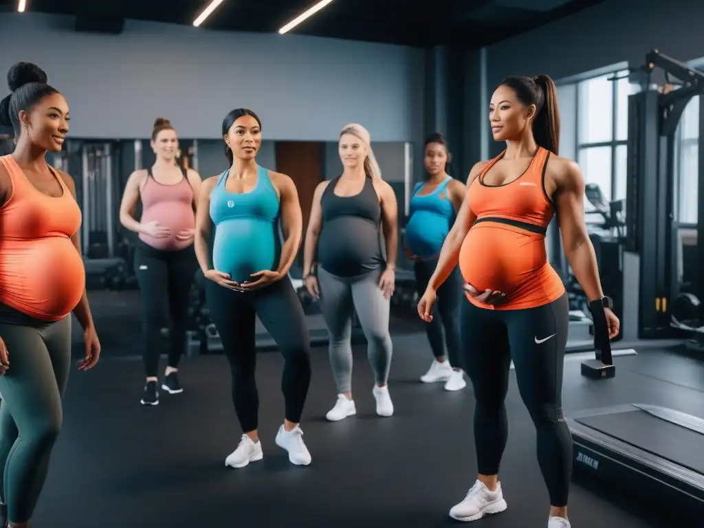 Empoderamiento maternal: diversidad y entrenamiento personalizado Un grupo diverso de mujeres embarazadas practican entrenamiento maternidad personalizado en un moderno gimnasio