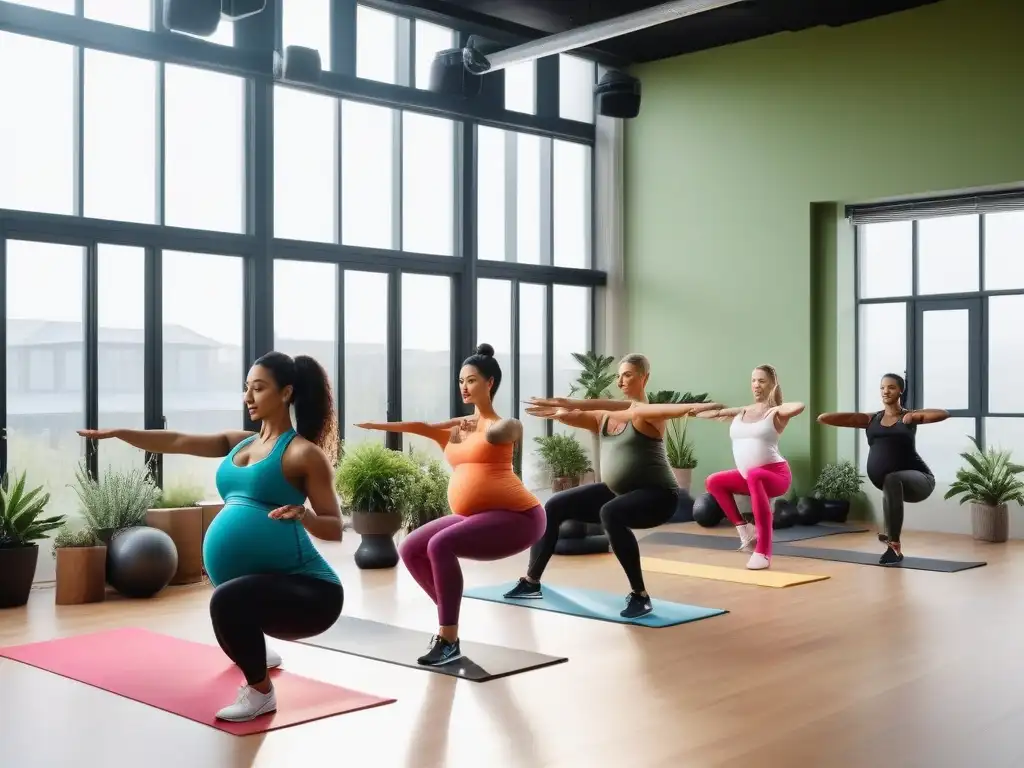 Entrenamiento prenatal diverso y motivador con mujeres embarazadas fuertes Un grupo diverso de mujeres embarazadas en un gimnasio luminoso, realizando yoga, pilates y pesas con una entrenadora
