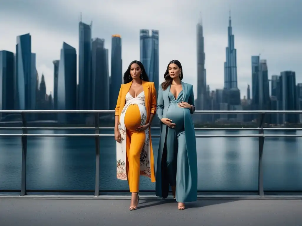 Estilos de moda premamá: diversidad y empoderamiento en la ciudad del futuro Grupo diverso de mujeres embarazadas mostrando su estilo de moda maternidad inclusiva en una ciudad futurista