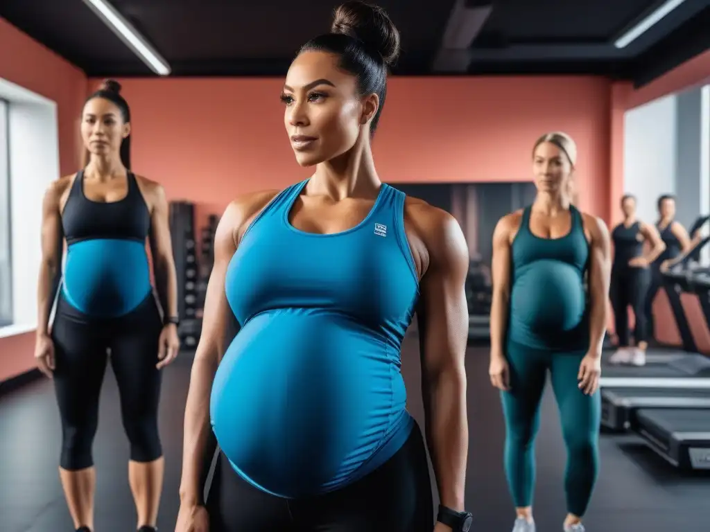 Entrenamiento prenatal: diversidad, fuerza y empoderamiento en el gym Un grupo diverso de mujeres embarazadas, con distintos tipos de cuerpo y tonos de piel, se entrena en un gimnasio luminoso y espacioso