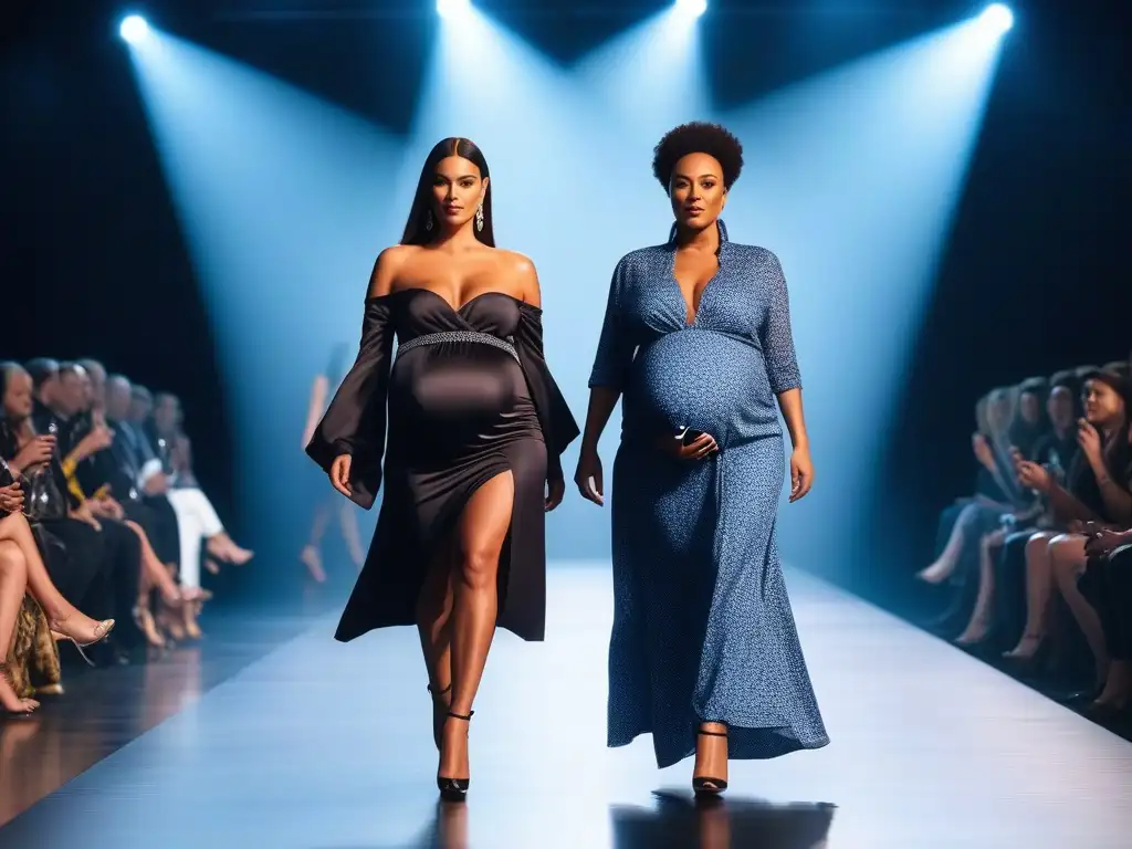 Desfile de moda maternal inclusiva con mujeres embarazadas diversas Grupo diverso de mujeres embarazadas desfilando en una pasarela de moda con Moda maternidad inclusiva tallas diversas