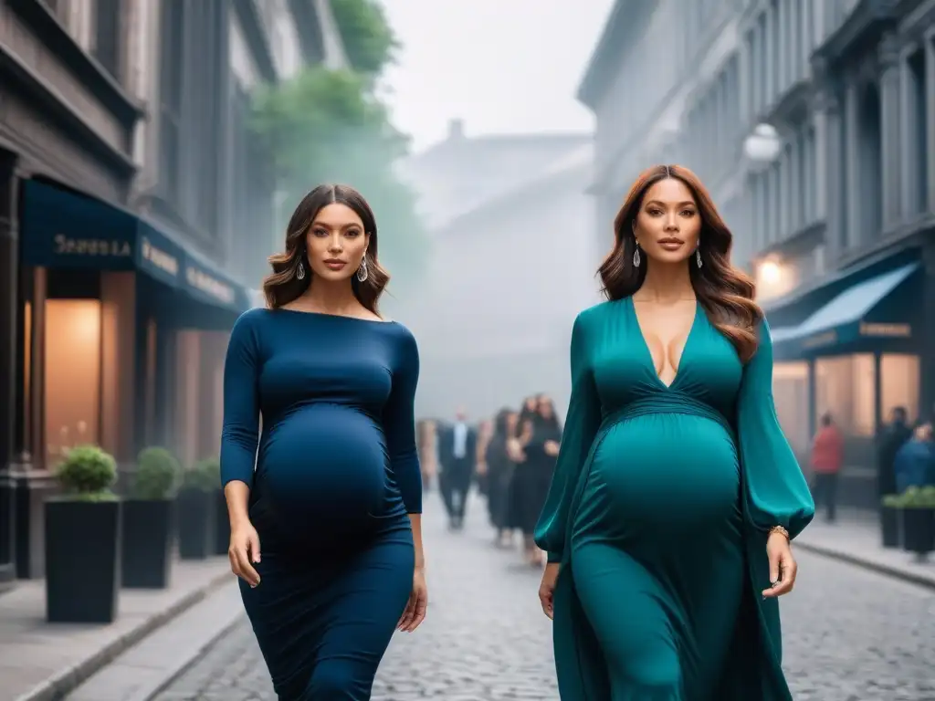 Moda de embarazo inclusiva: mujeres empoderadas caminando con estilo Grupo diverso de mujeres embarazadas caminando con estilo en la ciudad, representando marcas de moda maternidad inclusivas