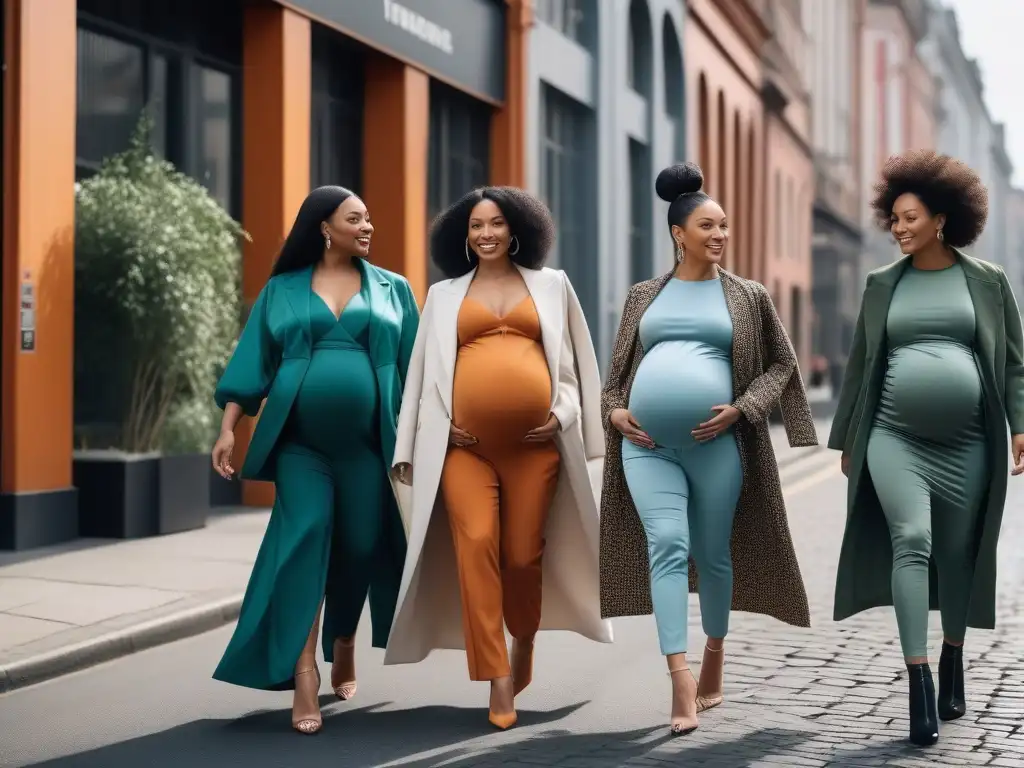 Mujeres embarazadas empoderadas luciendo moda inclusiva en la ciudad Un grupo diverso de mujeres embarazadas paseando con estilo por la ciudad, luciendo moda de marcas de moda maternidad inclusivas