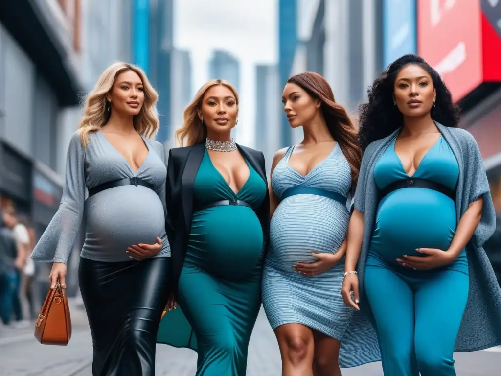 Madres embarazadas empoderadas caminando por la ciudad Grupo diverso de mujeres embarazadas, seguras y empoderadas, vistiendo moda maternal inclusiva, caminan por la ciudad