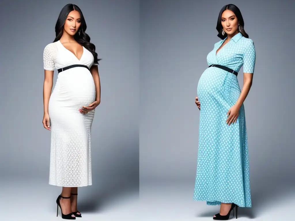 Grupo diverso de mujeres embarazadas, elegantes y seguras, luciendo la moda inclusiva para todos los cuerpos de Michael Kors en un entorno moderno y chic