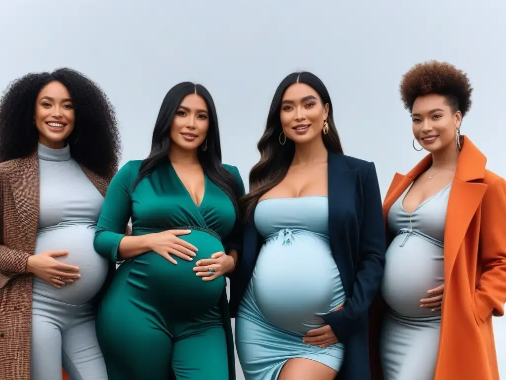 Empoderamiento maternal: diversidad y estilo en moda gestante Un grupo diverso de mujeres embarazadas posando con estilo y confianza, mostrando la belleza de la maternidad en un ambiente moderno y de moda