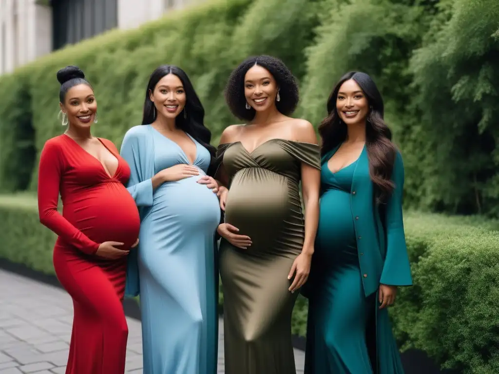 Empoderamiento y diversidad: moda premamá inclusiva en la ciudad Un grupo diverso de mujeres embarazadas, de diferentes etnias y tipos de cuerpo, posando con confianza en ropa de maternidad elegante y cómoda
