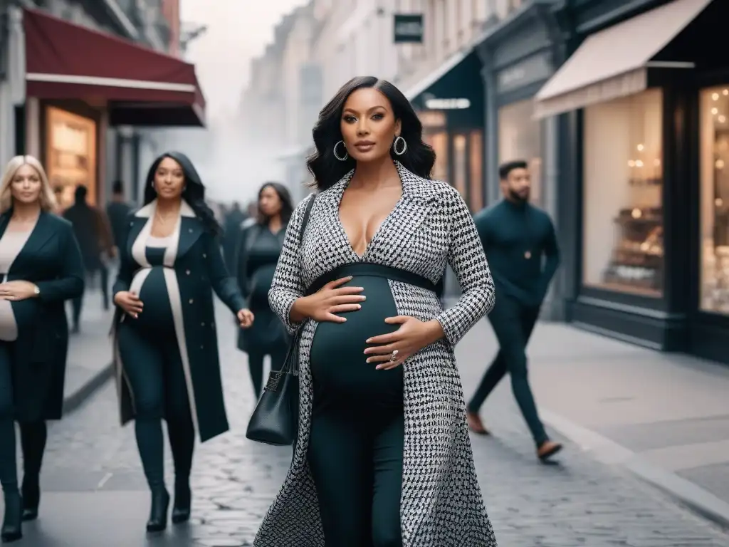 Moda prenatal urbana: mujeres embarazadas con estilo pasean por la ciudad Un grupo diverso de mujeres embarazadas pasea con estilo por la ciudad, luciendo moda maternal inclusiva en un ambiente urbano moderno