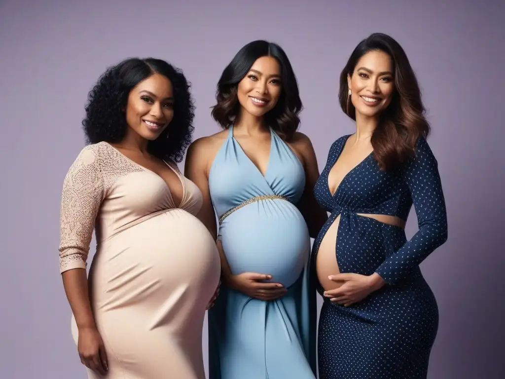 Empoderamiento y diversidad: mujeres embarazadas en moda inclusiva Un grupo diverso de mujeres embarazadas posando con estilo en un estudio de moda, mostrando la belleza de la moda maternidad inclusiva tallas diversas