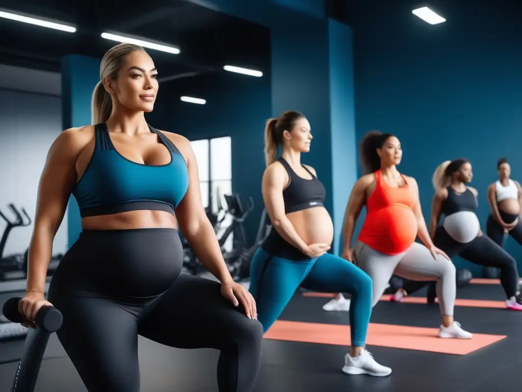Embarazadas activas: diversidad, moda y empoderamiento en el gimnasio Un grupo diverso de mujeres embarazadas ejercitándose con alegría en un gimnasio moderno, luciendo ropa activewear maternidad tallas especiales