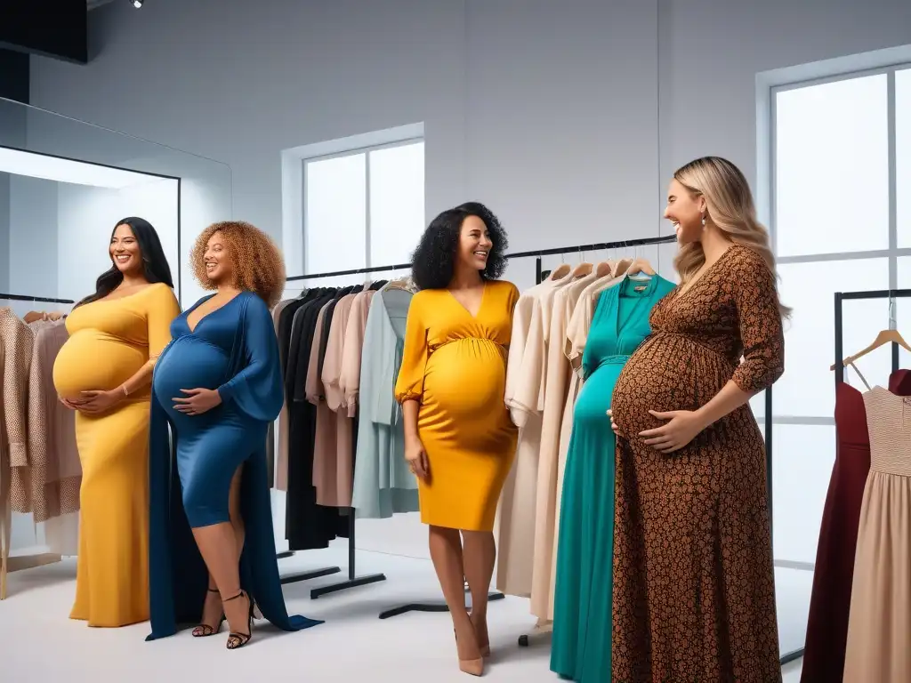 Embarazadas felices descubriendo moda en boutique inclusiva Un grupo diverso de mujeres embarazadas de diferentes etnias y tallas probándose blusas maternidad en una boutique moderna