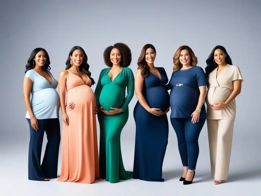 Moda premamá: mujeres embarazadas diversas lucen con estilo Un grupo diverso de mujeres embarazadas, con diferentes tipos de cuerpo, luciendo ropa premamá moderna y elegante en una boutique de moda
