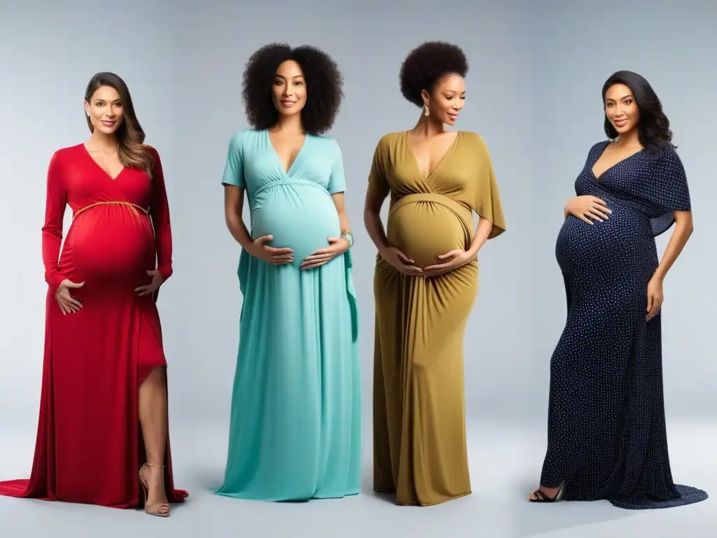 Moda embarazada: diversidad de estilos y cuerpos en un ambiente moderno Grupo diverso de mujeres embarazadas de diferentes tipos de cuerpo luciendo moda premamá con estilo en un ambiente moderno y elegante