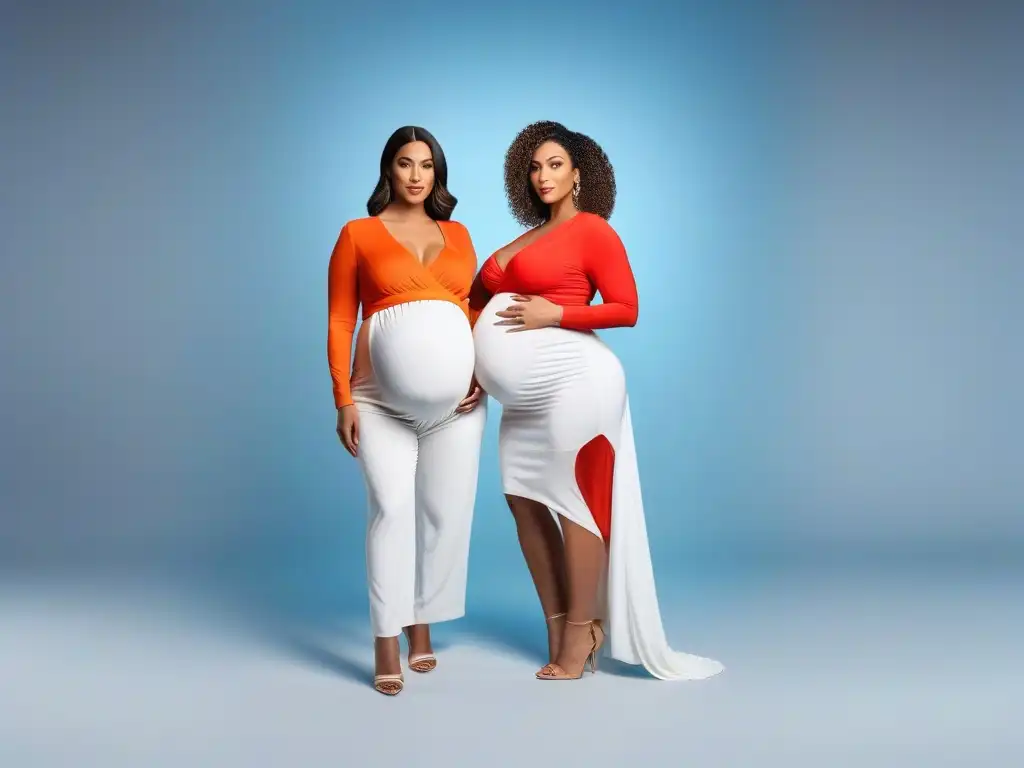 Moda de embarazo inclusiva: mujeres embarazadas con estilo propio Grupo diverso de mujeres embarazadas con estilos únicos en ropa premamá para diferentes tipos de cuerpo, irradiando empoderamiento y moda inclusiva