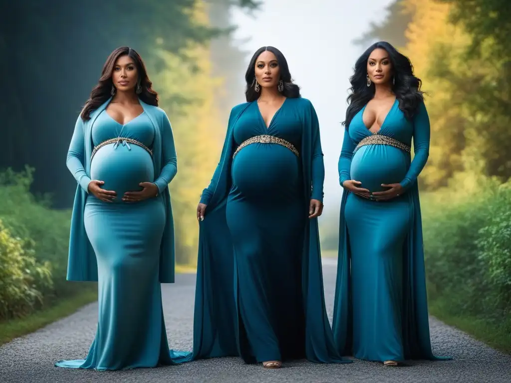 Moda prenatal diversa: mujeres embarazadas seguras y elegantes Grupo diverso de mujeres embarazadas con estilo y confianza luciendo ropa premamá para diferentes tipos de cuerpo en un entorno moderno y chic