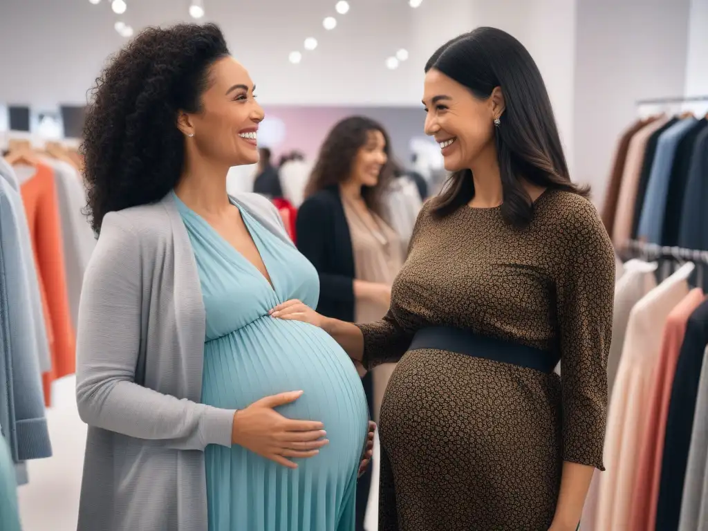 Embarazadas felices de compras en tienda de moda prenatal Un grupo diverso de mujeres embarazadas sonrientes comparten risas probándose ropa de maternidad moderna en una tienda chic