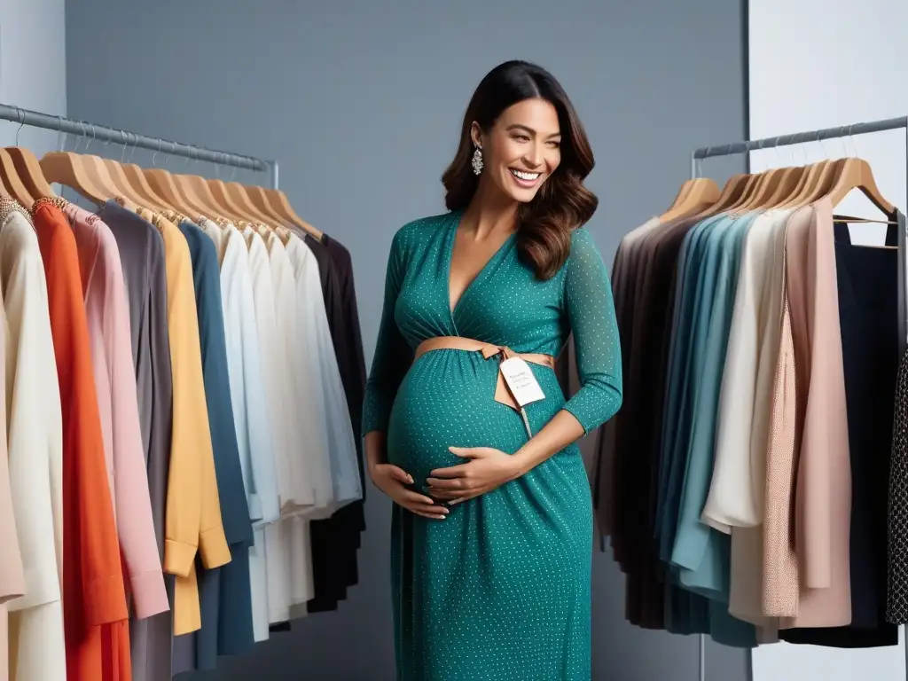 Embarazadas felices en boutique de moda, compartiendo estilo y consejos Grupo diverso de mujeres embarazadas sonrientes en tienda de moda maternidad