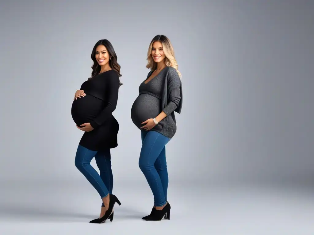 Mujeres embarazadas: diversidad de estilos en ropa de maternidad Un grupo diverso de mujeres embarazadas muestra su estilo único con ropa de maternidad perfectamente ajustada