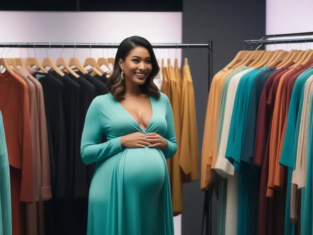 Embarazadas felices probándose ropa de maternidad en boutique moderna Grupo diverso mujeres embarazadas felices probándose ropa maternidad en boutique moderna