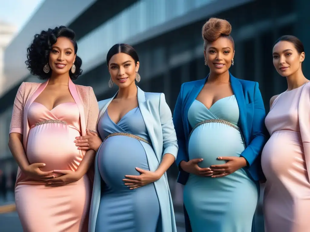 Empoderamiento y estilo: mujeres embarazadas diversas en la ciudad Grupo diverso de mujeres embarazadas en ropa de maternidad tallas especiales, radiantes y empoderadas en la ciudad