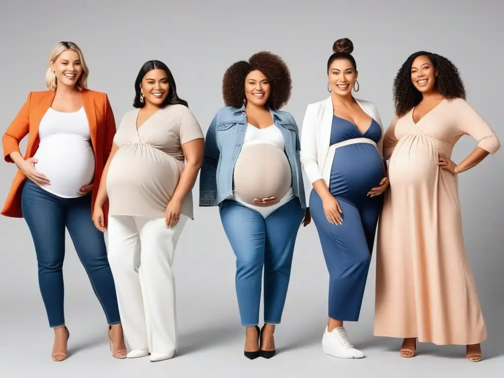 Moda premamá inclusiva y moderna: mujeres felices de todas las tallas Grupo diverso de mujeres embarazadas felices, modelando ropa de maternidad tallas especiales en ambiente moderno y acogedor