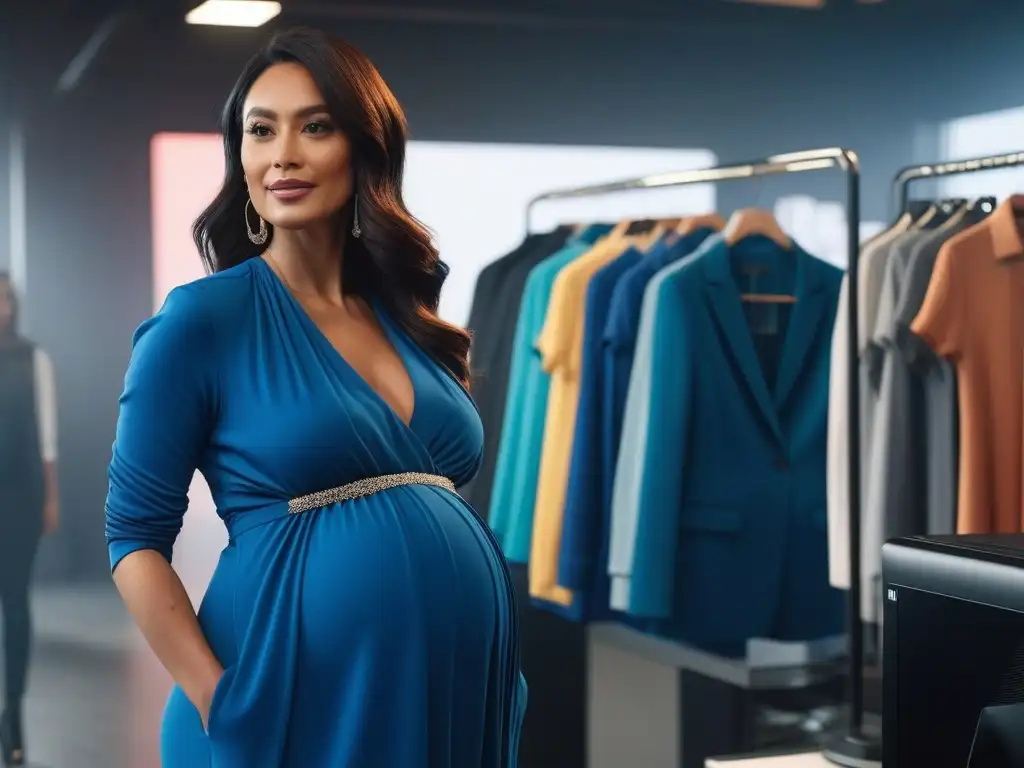Embarazadas felices descubriendo moda maternidad online Un grupo diverso de mujeres embarazadas de diferentes tamaños y etnias exploran con alegría ropa de maternidad tallas especiales en línea, mostrando diseños vibrantes y elegantes en sus pantallas de computadora