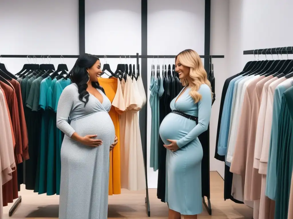 Moda para embarazadas: diversidad y estilo en tienda chic Grupo diverso de mujeres embarazadas de diferentes tamaños y etnias, elegantes y seguras en una tienda de ropa de maternidad tallas especiales