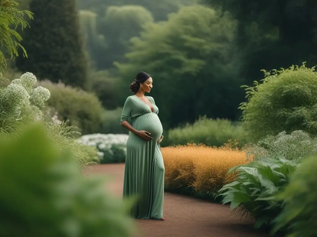 Moda sostenible: mujeres embarazadas felices pasean en jardín botánico Un grupo diverso de mujeres embarazadas viste Moda maternal sostenible marcas prácticas, paseando felices en un jardín botánico