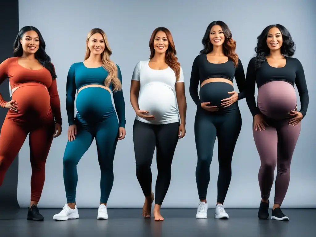 Leggings de maternidad: diversidad y estilo en tienda moderna Un grupo diverso de mujeres embarazadas felices y seguras, vistiendo leggings maternidad cómodos en una tienda moderna y minimalista