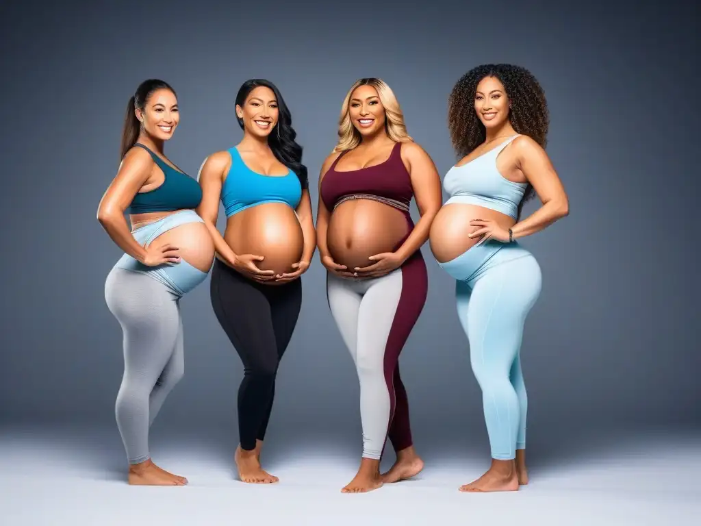 Embarazadas felices lucen leggings de maternidad inclusivos Un grupo diverso de mujeres embarazadas sonrientes usando leggings de maternidad cómodos en colores variados