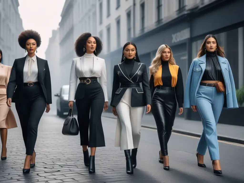 Empoderamiento femenino: diversidad y estilo en la ciudad Un grupo diverso de mujeres empoderadas, vestidas con ropa feminista moderna, caminan con confianza por una calle de la ciudad