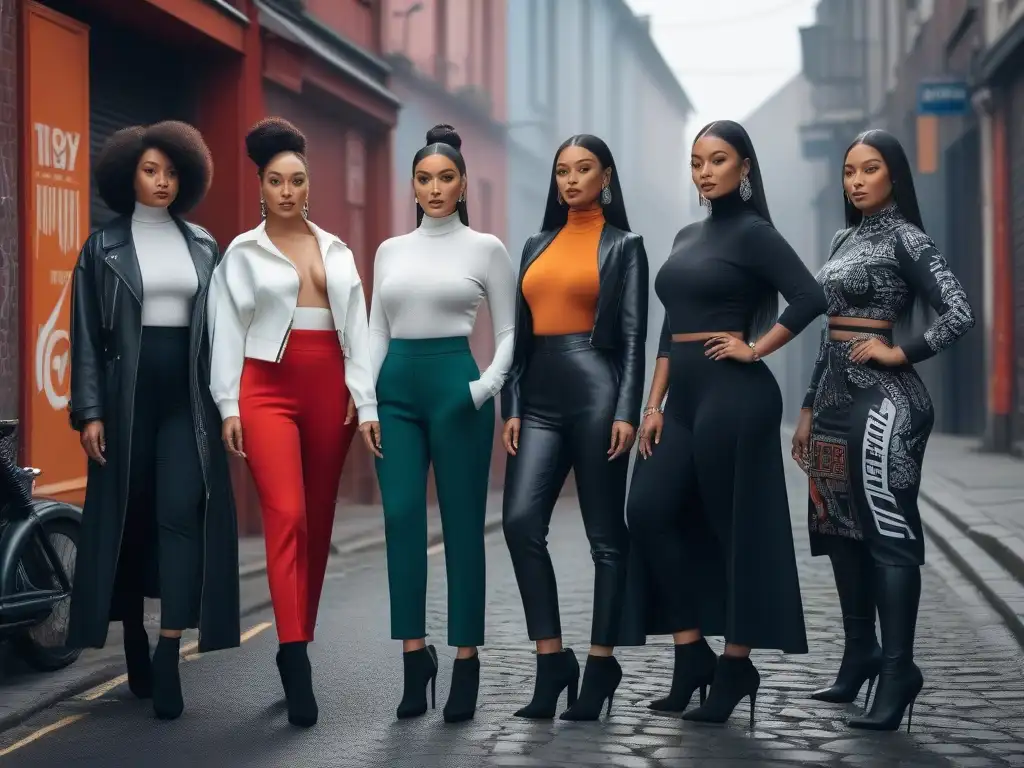 Estilo petite: diversidad y empoderamiento en la moda urbana Un grupo diverso de mujeres con estilo, representando la inclusividad en la moda petite en un entorno urbano moderno y vibrante