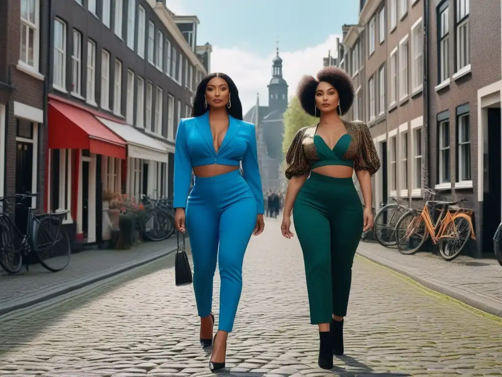 Empoderamiento femenino: Mujeres diversas desfilan con estilo en Amsterdam Un grupo diverso de mujeres con diferentes estilos y etnias caminan con confianza por Ámsterdam, mostrando su individualidad y sentido de la moda