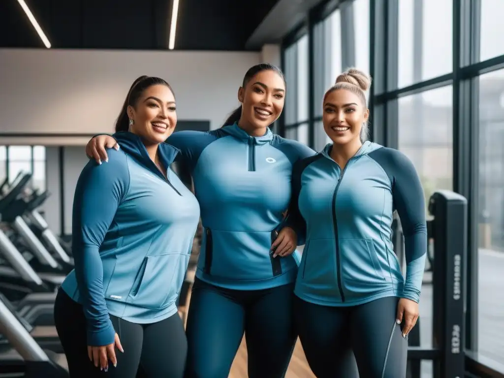 Empoderamiento y camaradería: Mujeres plus size en gym moderno Un grupo diverso de mujeres plus size, de diferentes etnias y formas corporales, luciendo activewear plus size con estilo en un gimnasio moderno