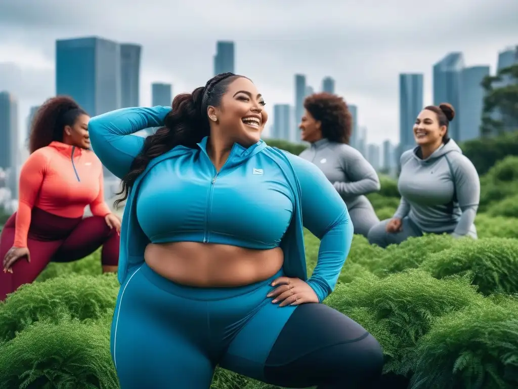 Plussize mujeres activas: diversidad y empoderamiento Un grupo diverso de mujeres plus size de diferentes etnias y tipos de cuerpo se ríen y estiran juntas en ropa deportiva plus size inclusiva, rodeadas de vegetación exuberante y arquitectura urbana moderna