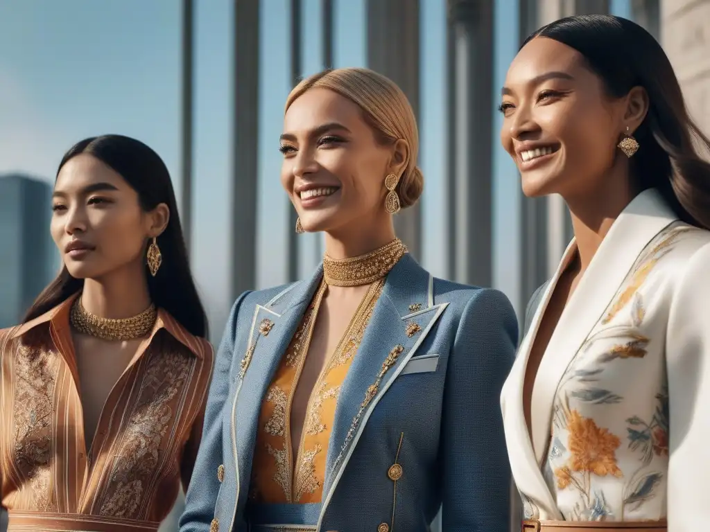 Empoderamiento y diversidad: Mujeres lucen diseños de lujo de Tory Burch en ambiente moderno y elegante Un grupo diverso de mujeres de distintas etnias y edades, luciendo diseños de lujo de Tory Burch