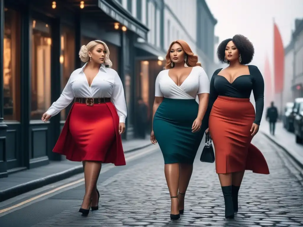 Desfile de Moda: Mujeres Plussize empoderadas con estilo urbano Un grupo diverso de mujeres plus size con faldas elegantes pasea seguras por la ciudad, transmitiendo estilo y empoderamiento