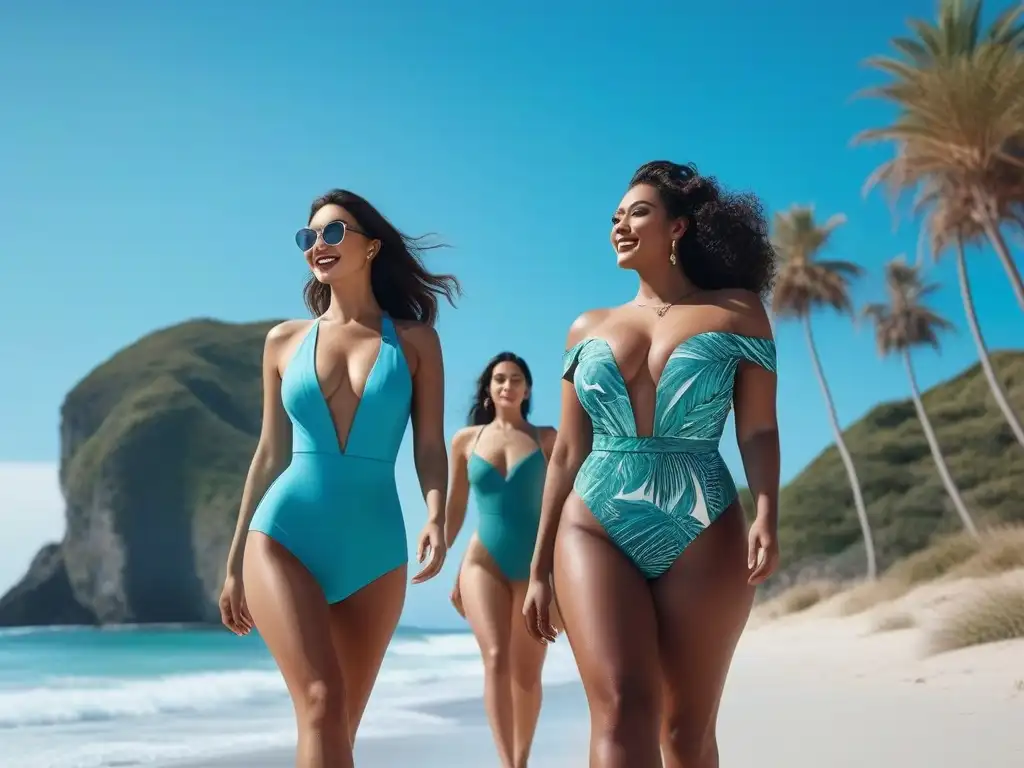Mujeres diversas en trajes de baño sostenibles, felices en la playa Grupo diverso de mujeres felices y elegantes, luciendo bañadores sostenibles en la playa, con el mar turquesa de fondo