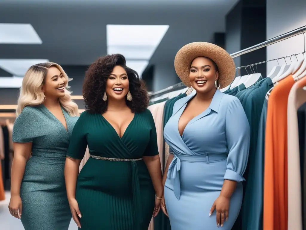 Moda inclusiva: Mujeres plus size felices y seguras en boutique trendy Grupo diverso de mujeres plus size felices probándose ropa en boutique moderna, radiando confianza y empoderamiento