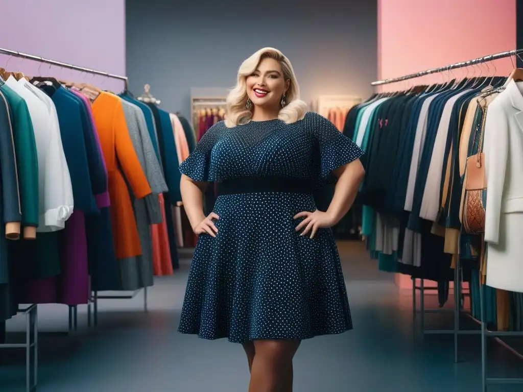 Empoderamiento y moda plus size: mujeres felices probándose ropa de moda en una boutique de descuentos Grupo diverso de mujeres plus size felices probándose ropa en rebajas en boutique de moda, transmitiendo empoderamiento y positividad corporal