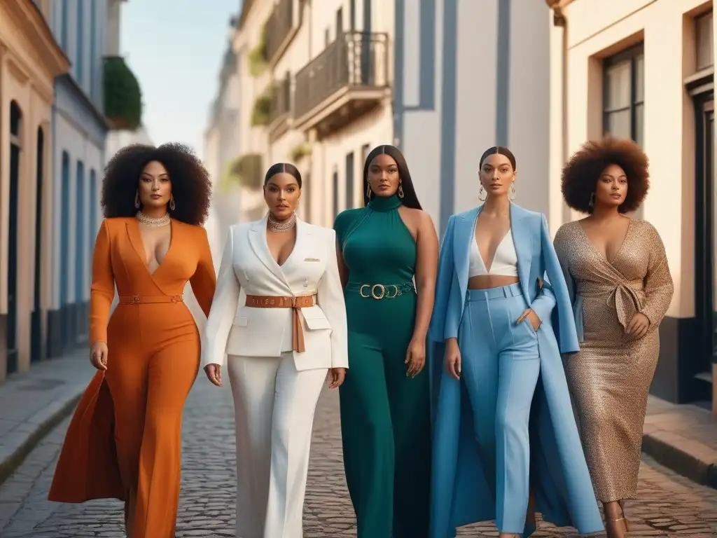Diversidad y elegancia: mujeres seguras en outfits Chloé en ambiente urbano Un grupo diverso de mujeres de distintas formas y tamaños posan con confianza en elegantes atuendos de Chloé
