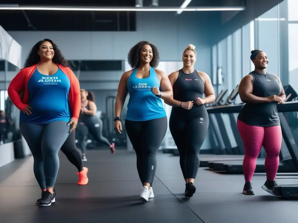Empoderamiento plussize: mujeres fuertes y determinadas en el gimnasio Grupo diverso de mujeres plus size entrenando con determinación en un gimnasio moderno y luminoso, transmitiendo empoderamiento e inclusividad