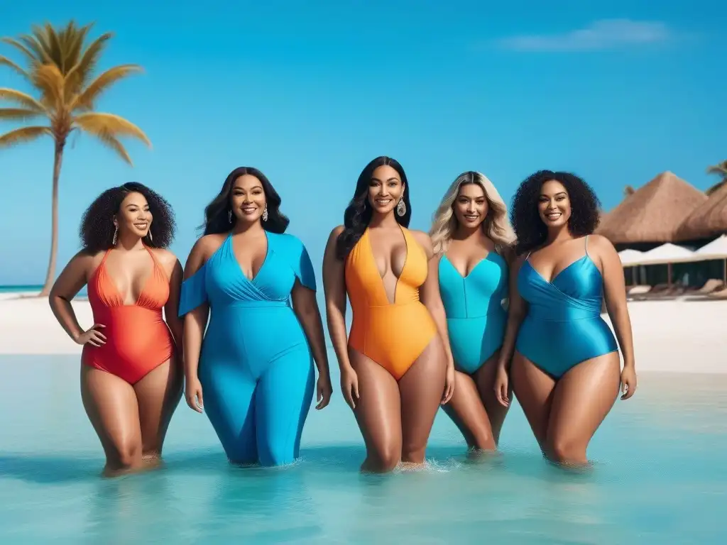 Mujeres plussize felices en playa paradisíaca Un grupo diverso de mujeres plus size sonríen y se ríen juntas en la playa, vistiendo coloridos trajes de baño plus size