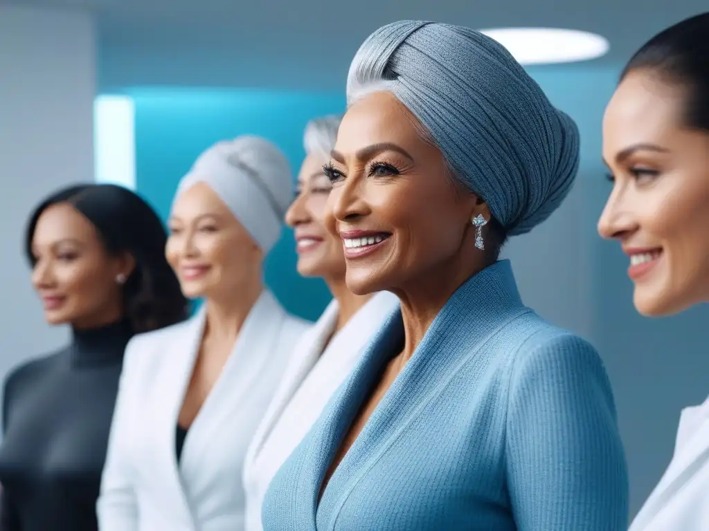 Radiante belleza: mujeres maduras celebran su piel en clínica futurista Un grupo diverso de mujeres maduras de distintas etnias y edades sonriendo y mostrando su piel radiante en una clínica de belleza moderna