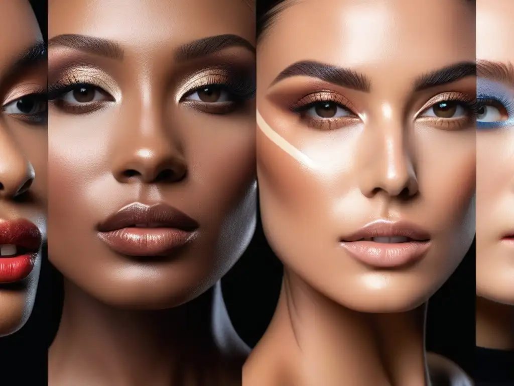 Maquillaje fluido: Diversidad de tonos y precisión Un grupo diverso de mujeres aplica maquillaje fluido con precisión, destacando la versatilidad para todos los tonos de piel