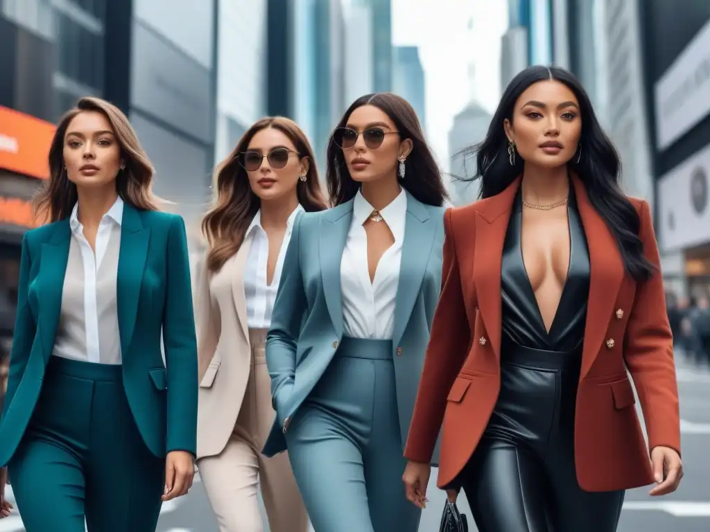 Moda petite 2023: Mujeres seguras en la ciudad Un grupo diverso de mujeres petite viste la moda trendy de 2023 y desfila con estilo en una ciudad chic